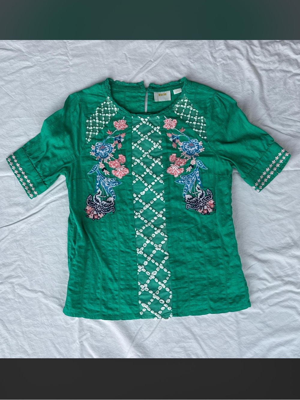 Maeve Emerald Green Embroidered Floral Short-Sleeve Top